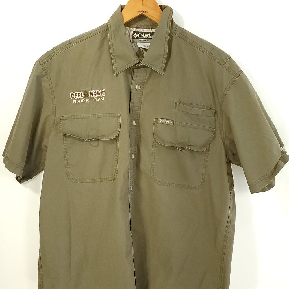 Columbia Mens Large XCO Shirt Olive Drab Button Front Reel Nauti Embroidered